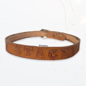 Vintage 80s Kids Debossed Custom Stacey Tan Western Cowboy Leather Rodeo Belt